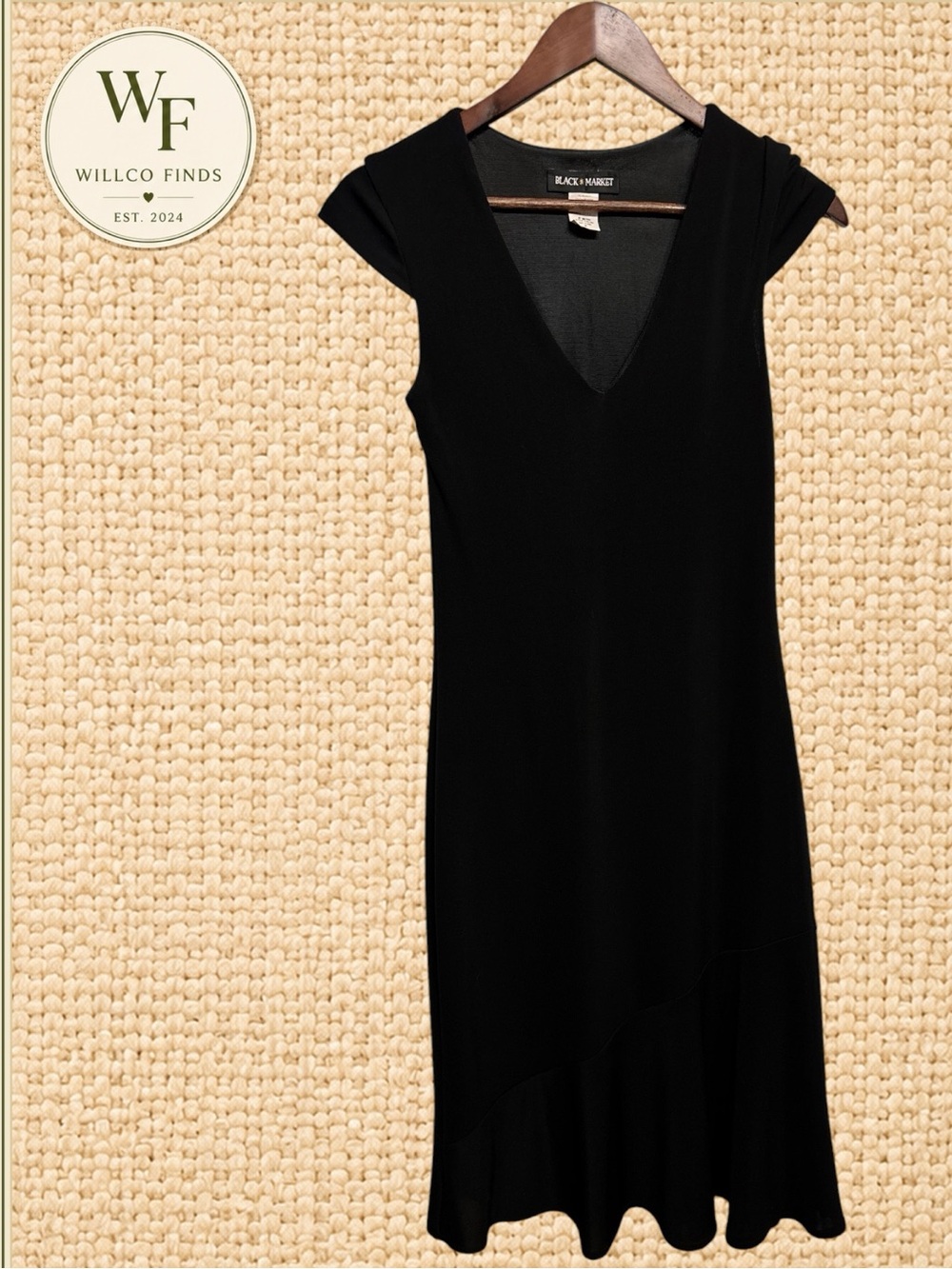 Black Market Black V Neck Ruffle Hem Midi Dress Size Small Made USA Women’s